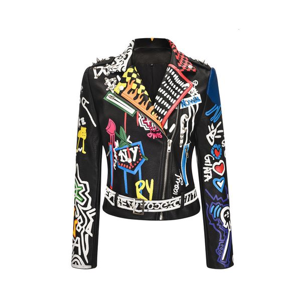 women's jackets display equipment autumn and winter heavy industry rivet jacket graffiti print street short slim motorcycle leather 230, Black;brown